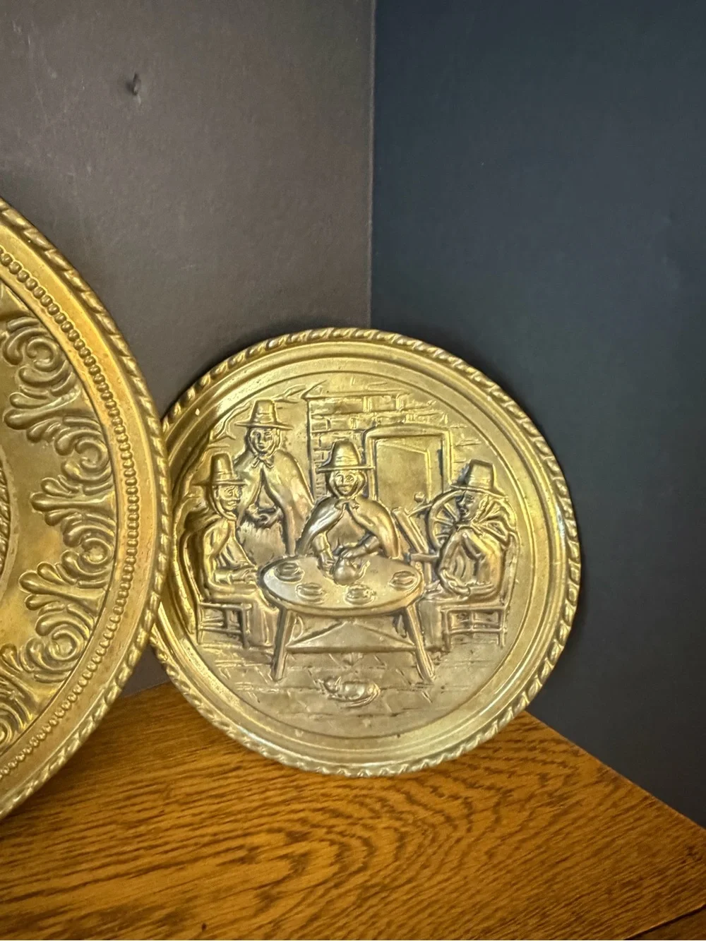 Vintage Brass Wall Hanging Plates Set of 3 - Nautical Ship, Tavern & Spinning Wh